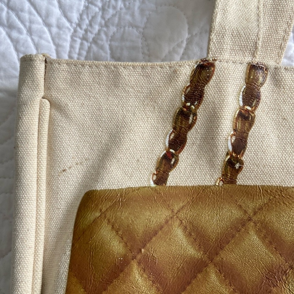 Thursday Friday Canvas Coated Quilt Print Tote Bag Cream Tan Gold - Picture 9 of 16